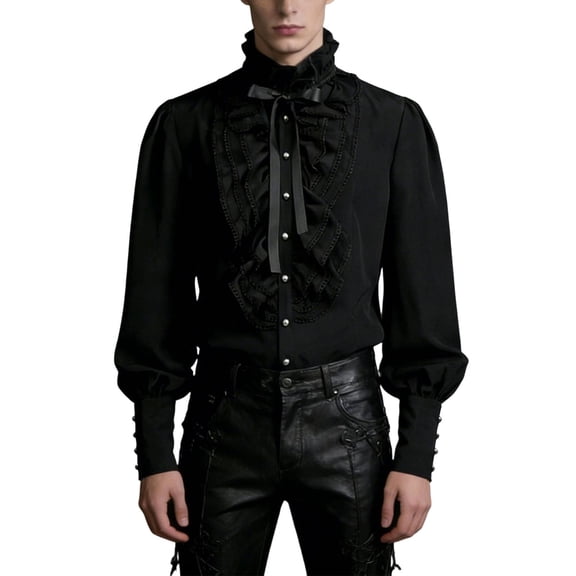 Mens Shirt, Shirt for Mens Gothic Victorian Ruffled High Collar Long Sleeves Steampunk Blouse with Bow Tie Black L