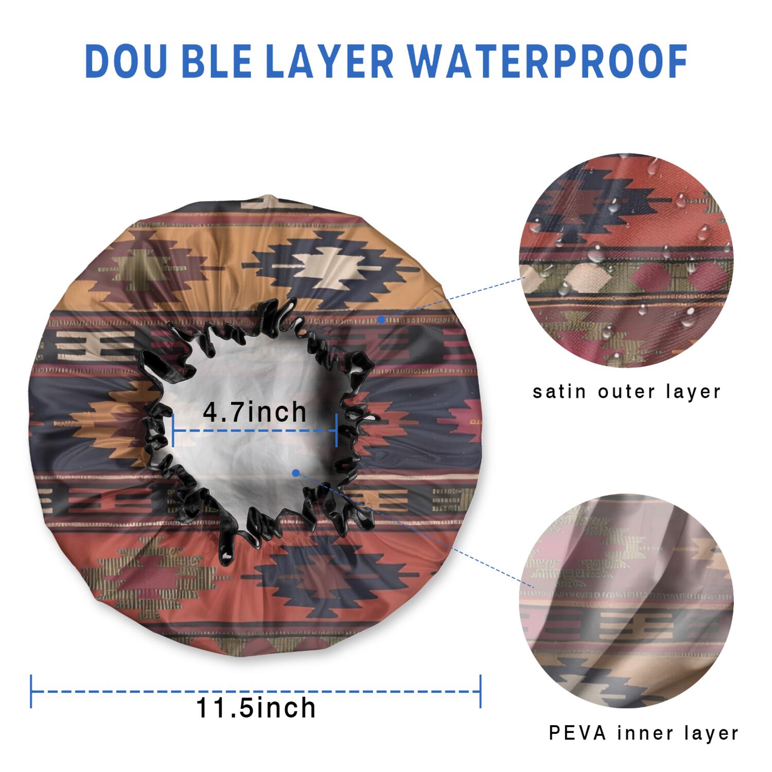 Shower Caps,Boho Multicolor Ethnic Pattern with Geometric Shapes Waterproof Shower Cap for Women 4 Pieces,Double Reusable Hair Cover for Shower PEVA Elastic Stretch Hem