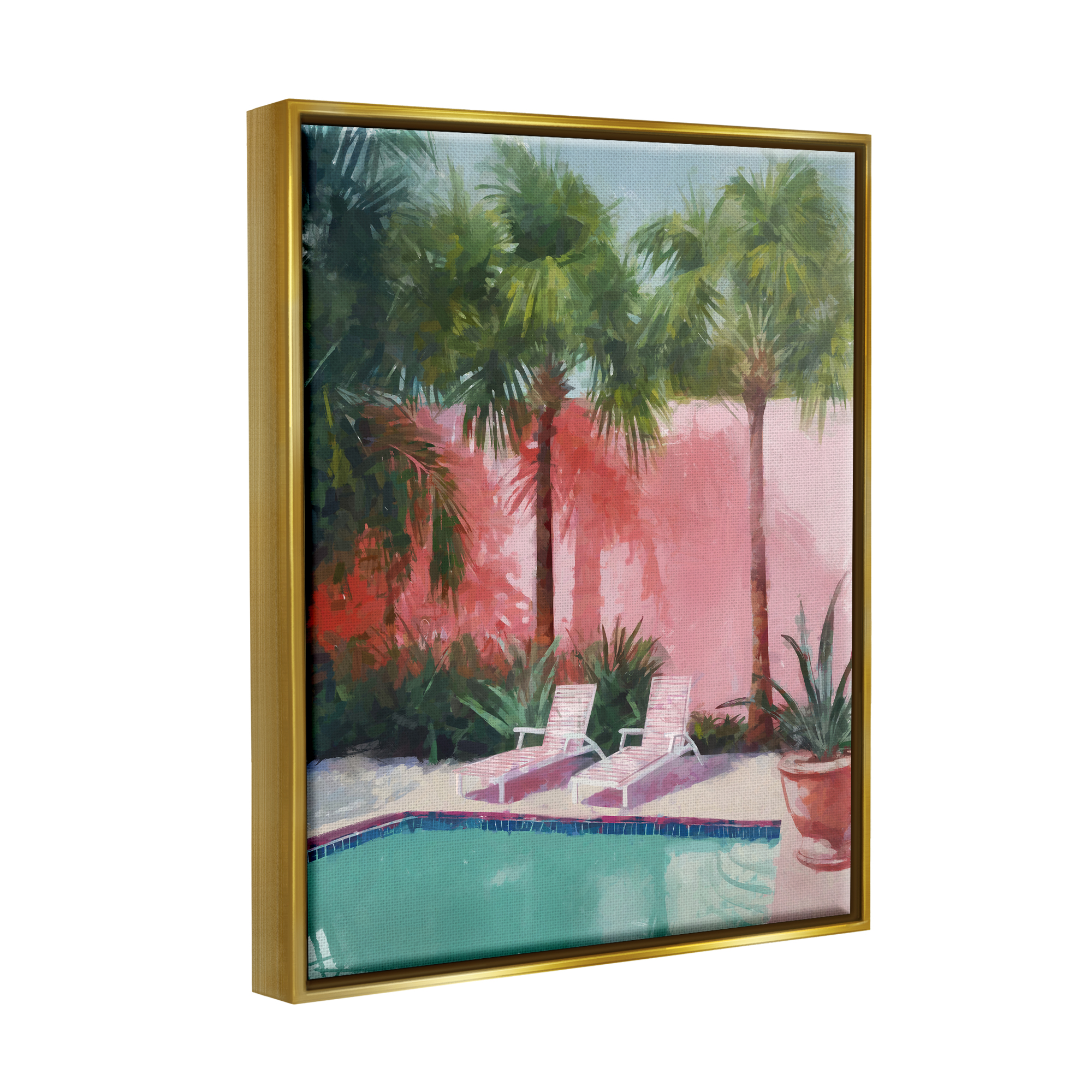 Stupell Industries Tropical Summer Pool Botanical & Floral Painting Gold Floater Framed Canvas Art Print Wall Art, 17 x 21