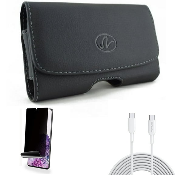 Privacy Screen Protector w 6ft Long Type-C Cable w Case Belt Clip for Samsung Galaxy S20 Plus - TPU Film [NOT GLASS] [Fingerprint Works], PD Fast Charger Cord Power Wire, Leather fits Galaxy S20 Plus