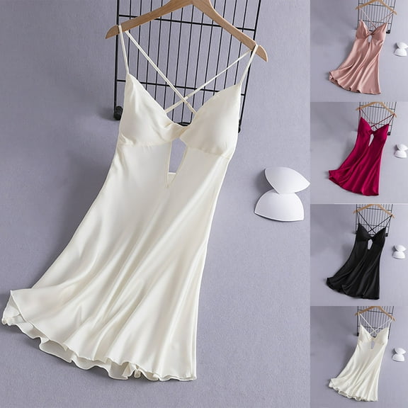 Aboser Womens Nightgown with Built in Bra Crossover Back Chemise Sleepshirts Cut Out Satin Nightdress Soft V Neck Short Lingerie Dress Full Slip Sleeveless Sleep Gowns