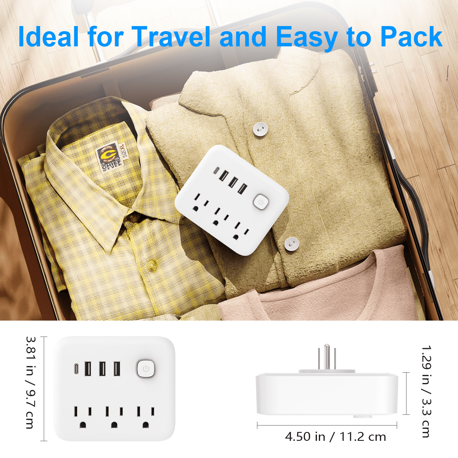 USB Outlet Extender Surge Protector - Multi Plug Outlet with Rotating Plug, 3-Sided Swivel Power Strip with 3 AC Spaced Outlet Splitter and 3 USB Ports (1 USB C) for Travel, Home, Office,ETL（White）