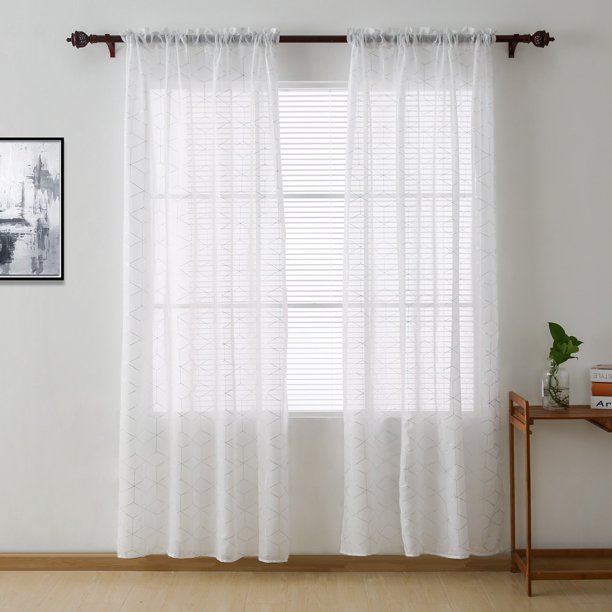 Cortinas Deconovo blancas transparentes de lino con diseño de rombos plateados para dormitorio, 132 cm de ancho x 213 cm de largo, 1 panel