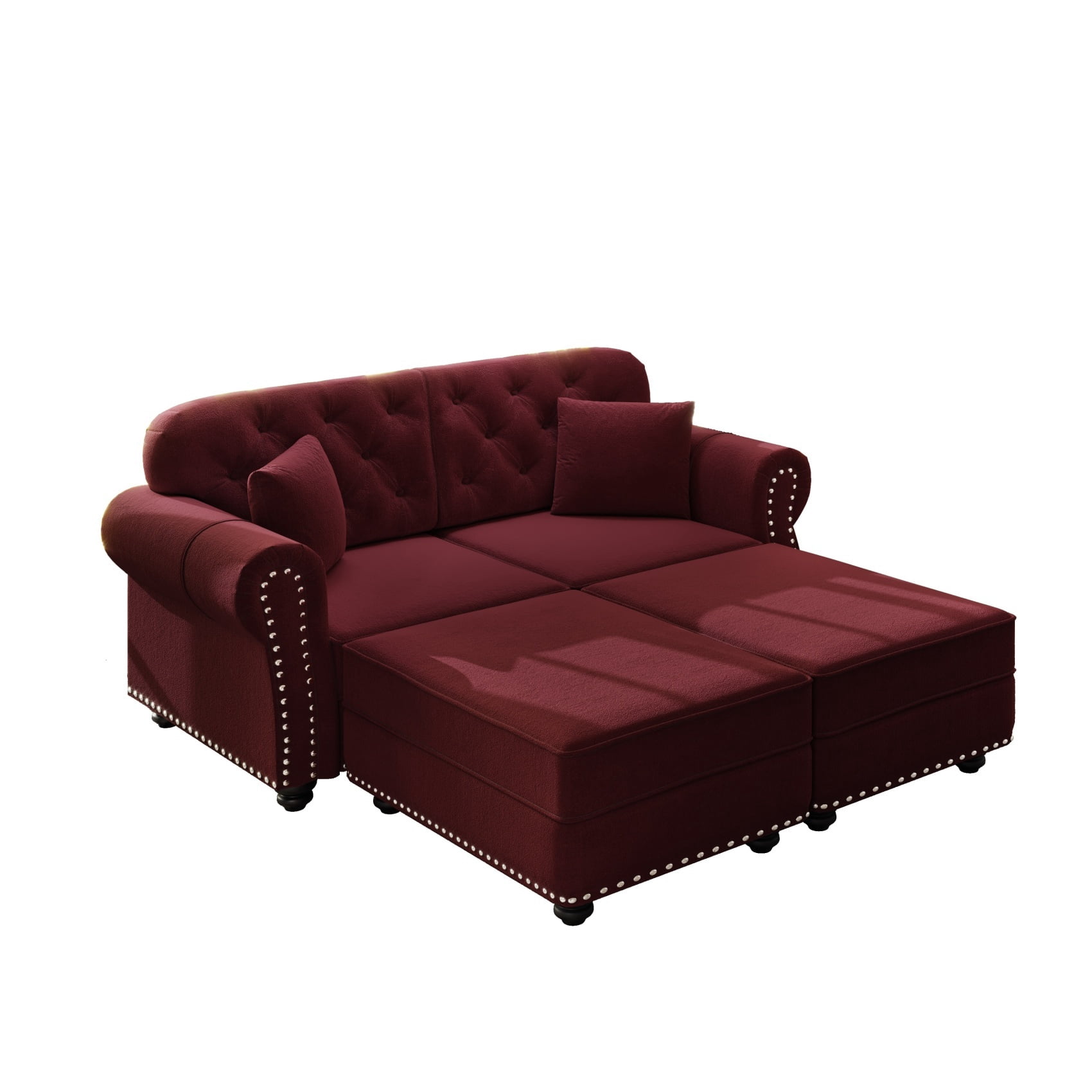 Alvantor 63" Loveseat sofa with Ottman, Upholstered Velvet Couch with Nailhead Trim and Rolled Armrests, Mid-Century Modern Sofa for Living Room Burgundy