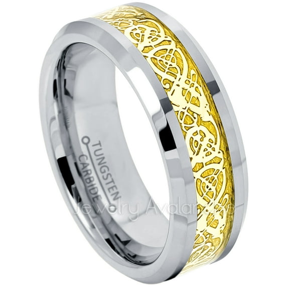 2-tone Tungsten Ring - 8mm Matte and Polished Comfort Fit Beveled Edge Tungsten Ring with Golden Celtic Dragon Inlay - TN366WAs9