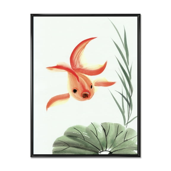 Ancient Goldfish and The Lotus Leaf 12 in x 20 in Framed Painting Canvas Art Print, by Designart