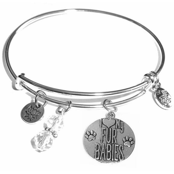 Hidden Hollow Beads Women's Stainless Steel Message Charm Expandable Wire Bangle Bracelet, Very Popular and Stylish, Arrives in a Gift Box. (I Love My Fur Babies)