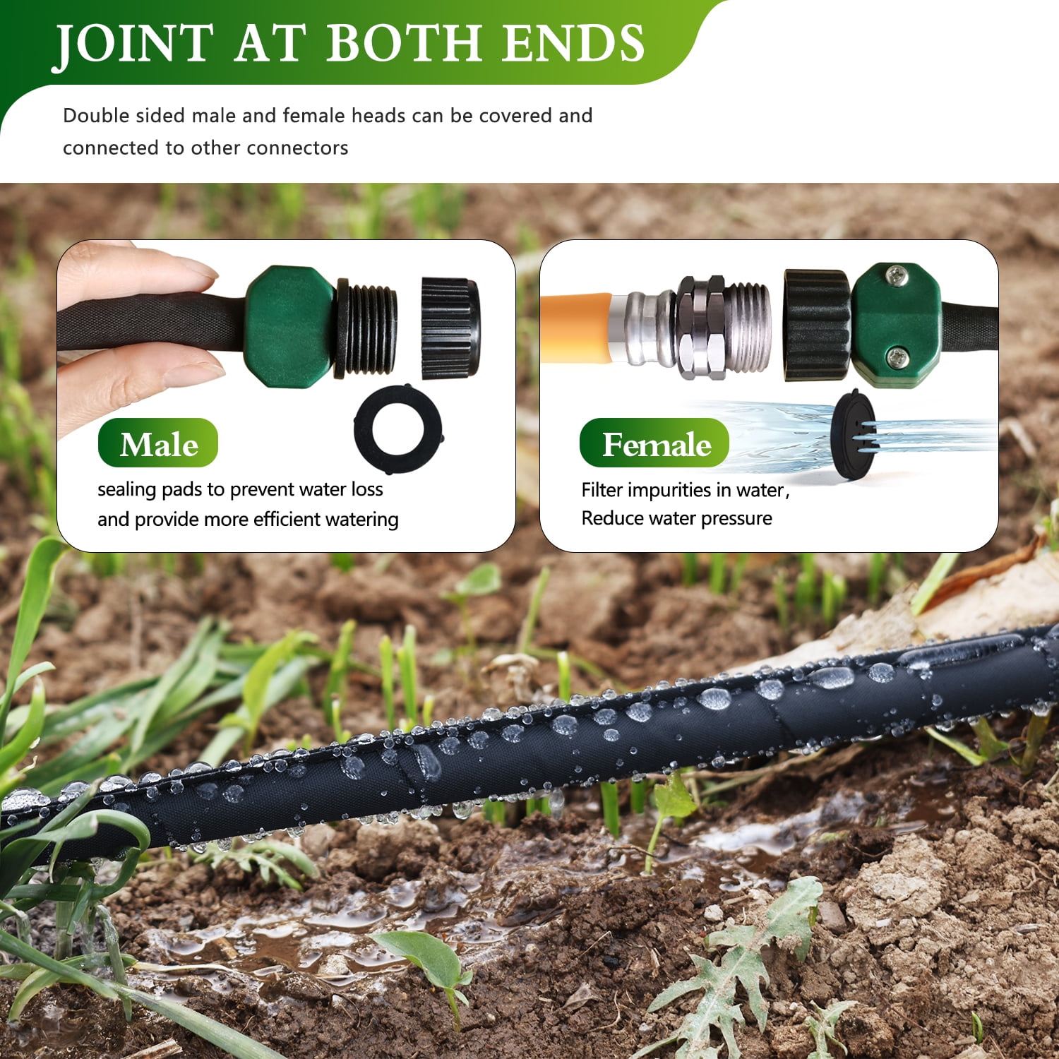 Flat Soaker Hose 50 Ft 2 pack for Garden Beds with Garden Hose Splitter, Garden Soaker Hose 100 Ft for Saving 70% Water, Drip Hose for Garden, Vegetable Beds(50FT-2PACK)