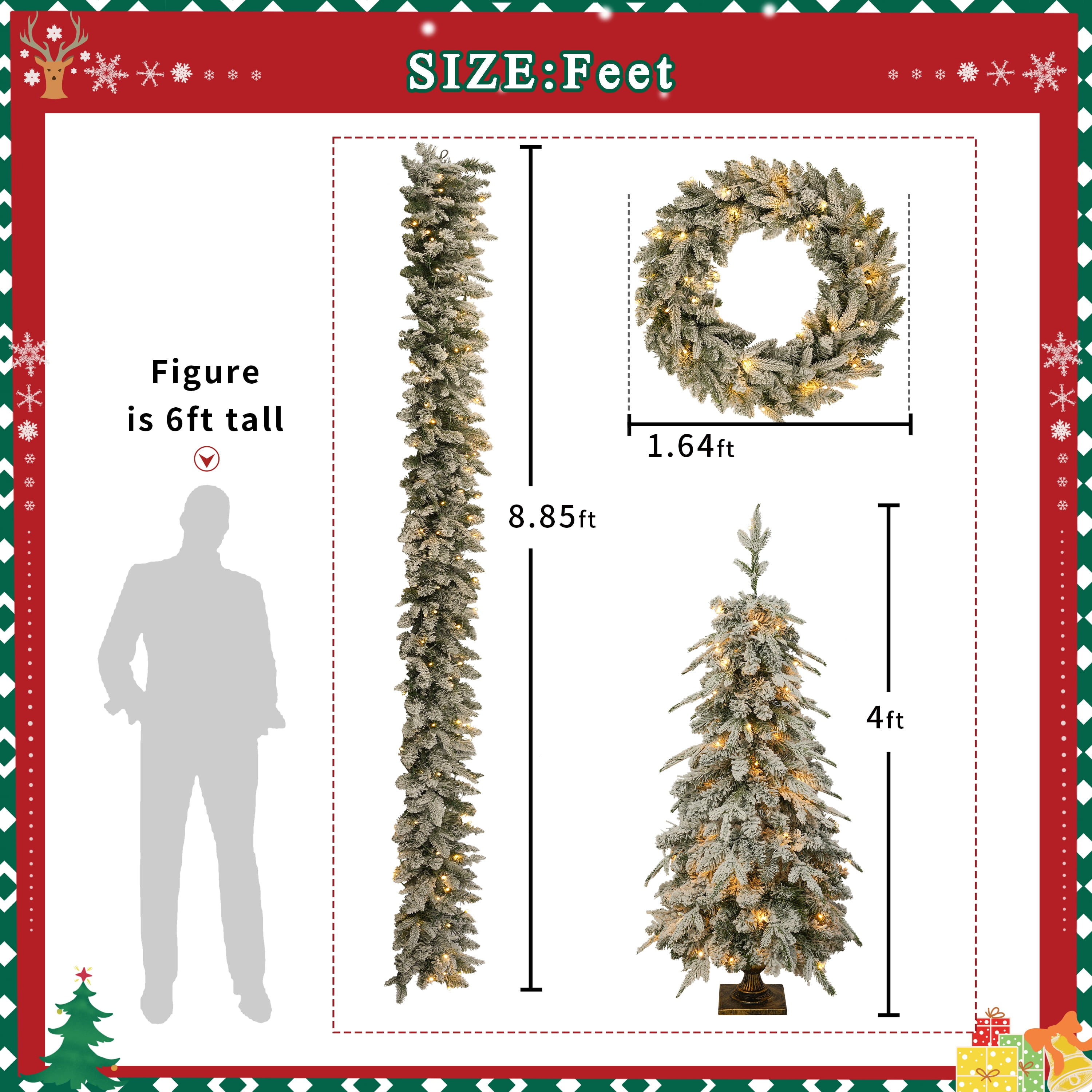 4-Piece Prelit Christmas Tree Set 330 Warm White LED Lights 840 Tips Entrance Tree Garland Wreath Indoor Decor