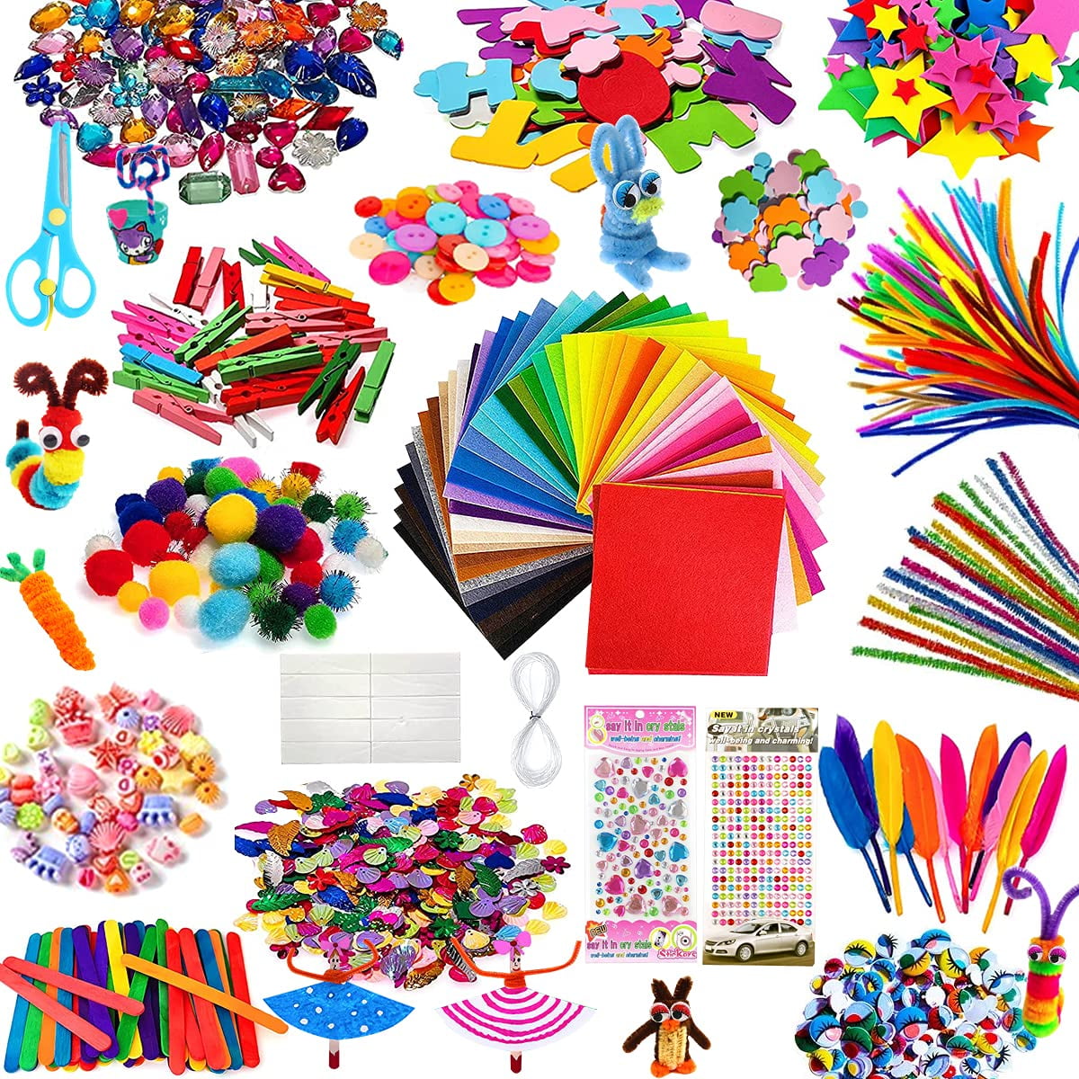 Hiveseen Arts and Crafts Supplies, Craft Materials Kits for Kids Includes  Pom poms, Pipe Cleaners, Popsicle Sticks, Feather, Sequins, Googly Eyes for  Girls 