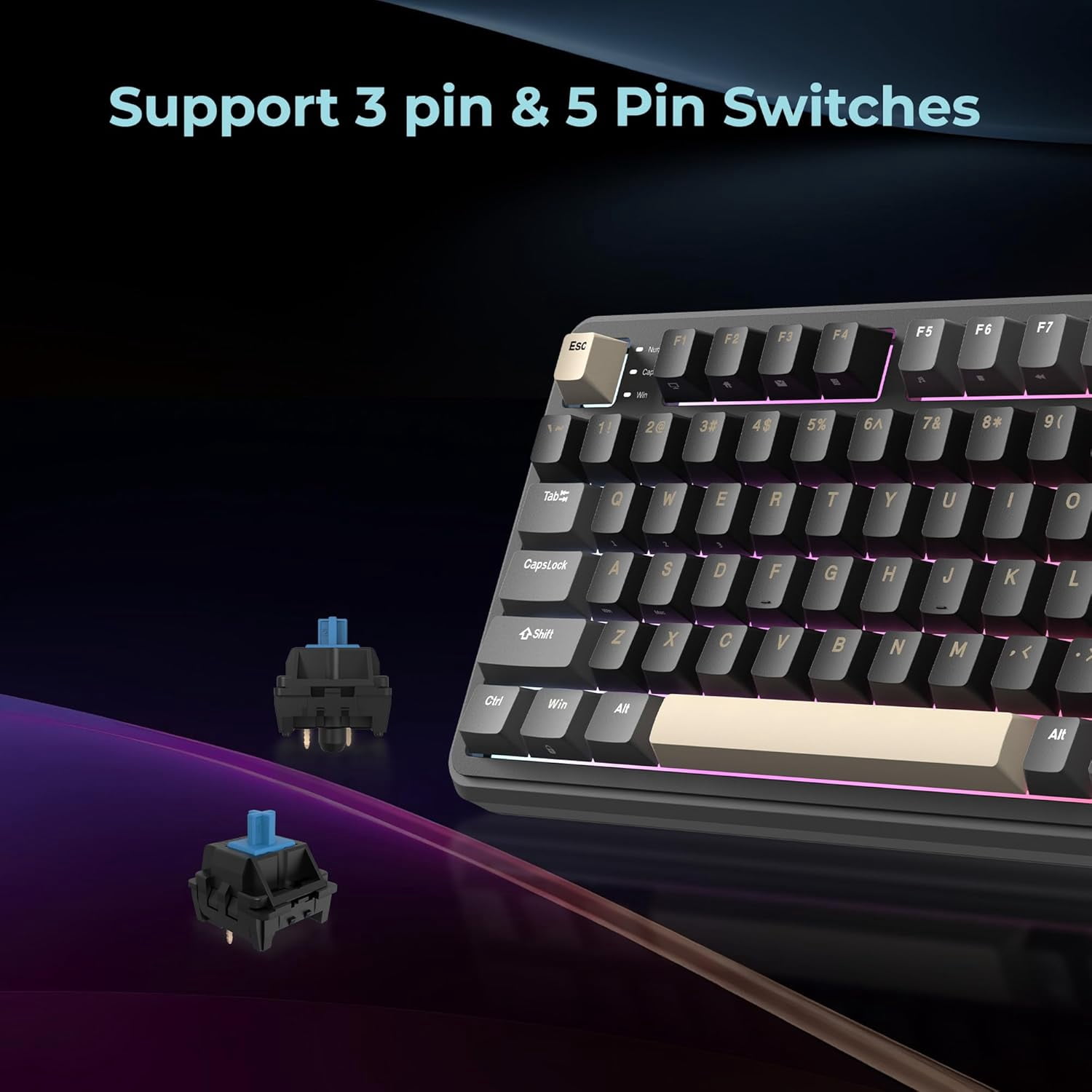 Rosewill Neon S96 Wireless Mechanical Keyboard, 98-Key Layout w/ Volume Knob, Bluetooth / 2.4GHz / USB-C, Hot-Swappable Blue Switches, RGB Backlit, 3750mAh Battery, Windows & macOS, Black