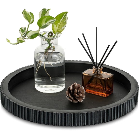 Decorative Tray for Coffee Table: 12" Black Round Centerpiece Tray for Home Decor - Wood Modern Farmhouse Decor for Living Dining Room Kitchen Island Tabletop