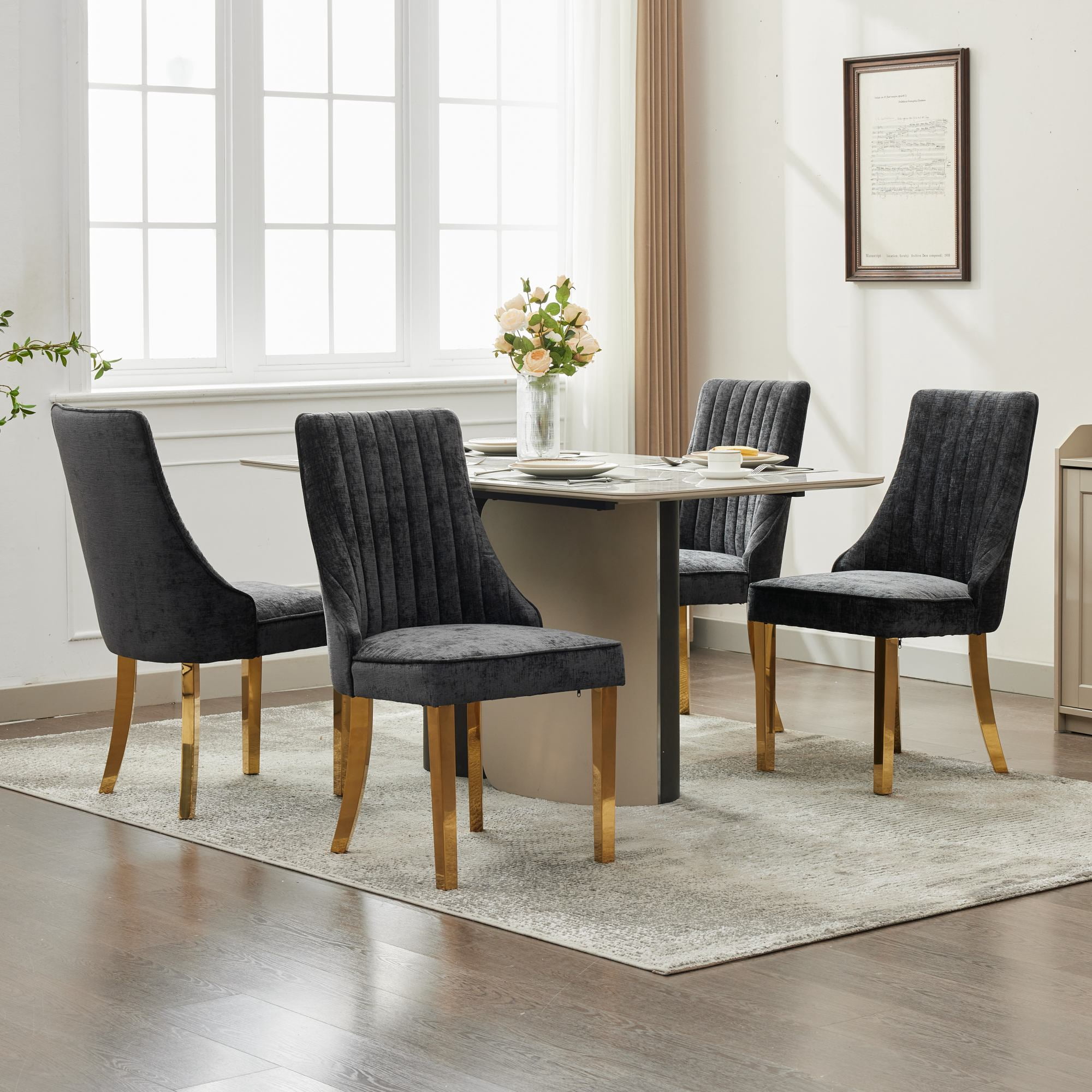 Aukfa Modern Chenille Dining Chairs Set of 2, Upholstered Kitchen Side Chair Accent Chair w/ Golden Steel Legs,Black