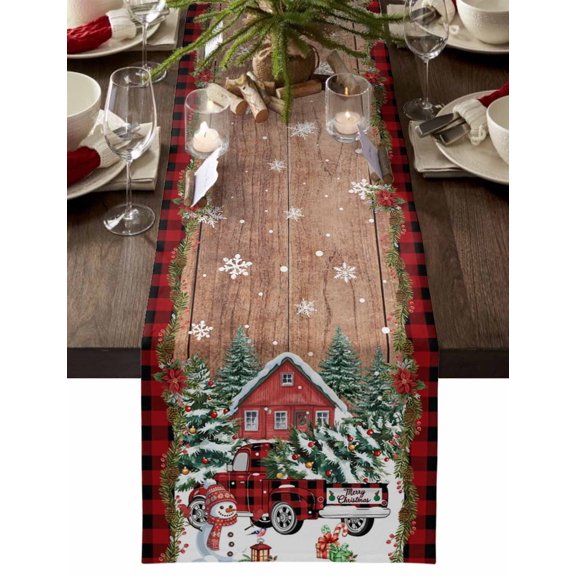 Red Plaid Christmas Cotton Linen Table Runner for Dining Kitchen, Snowman Truck Xmas Tree Snowflake Wooden Wedding Outdoor Party Tablerunners Decor, Dresser Scarf Coffee Tablecloth Runners 13"x108"