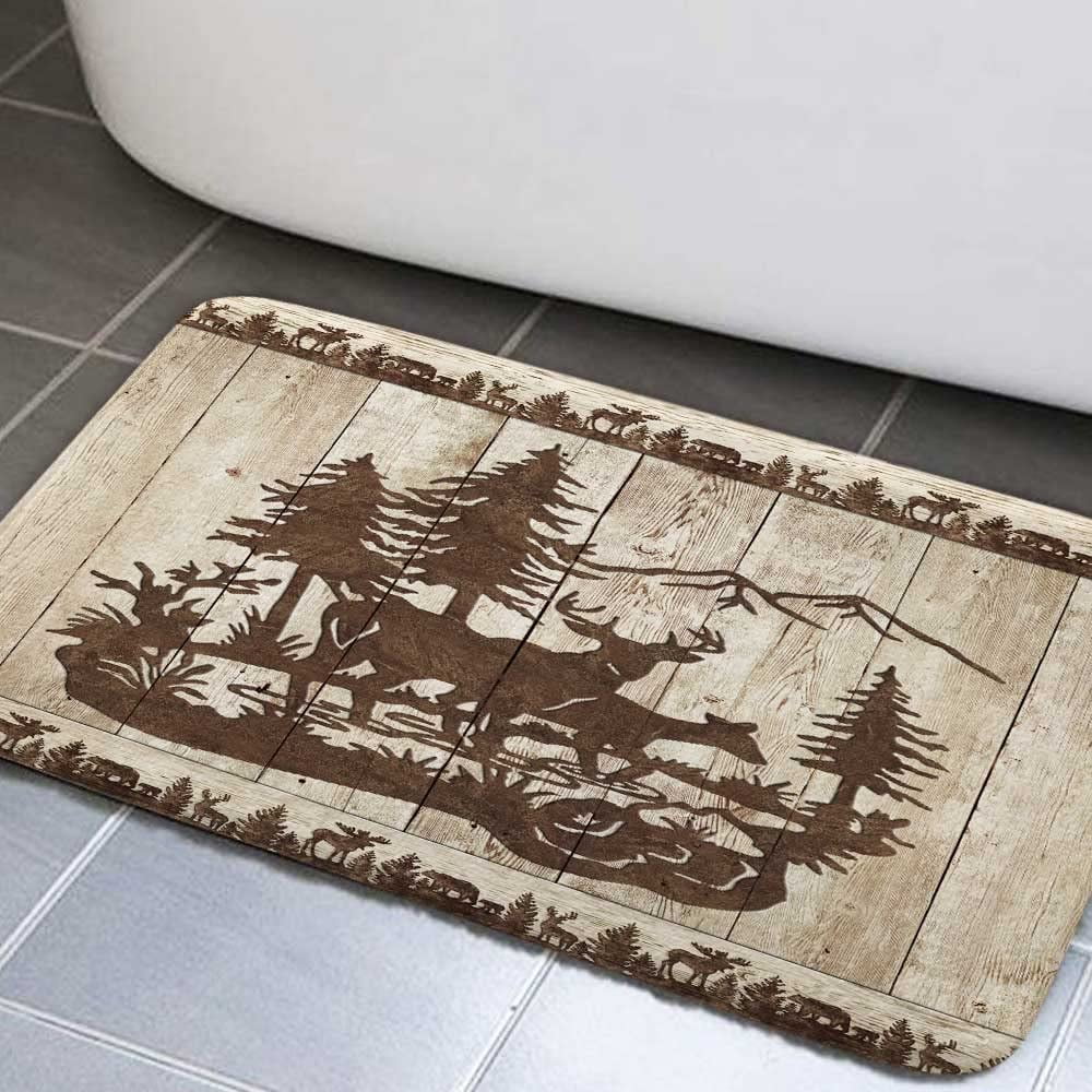 Rustic Farmhouse Bathroom Rugs, Wooden Vintage Forest Wildlife Animal