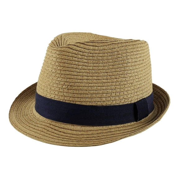 PEAK 2 PEAK Kids Straw Trilby Fedora Hat – Short Brim Summer Sunhat, Tan with Navy Band (7–14 Years)