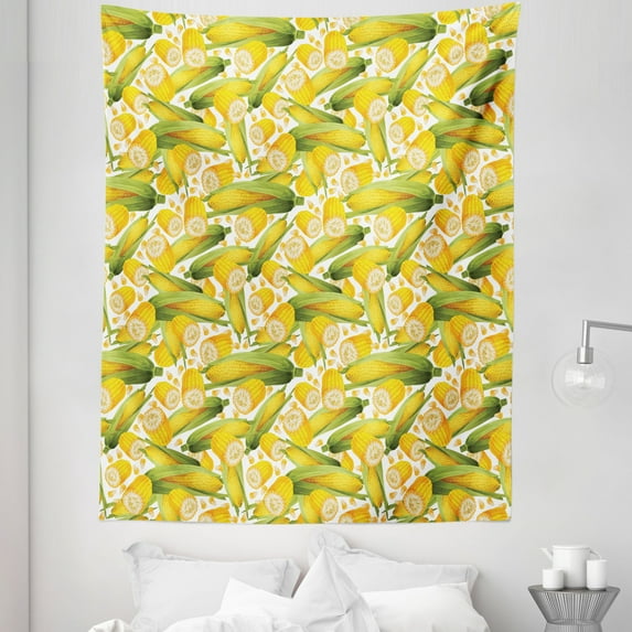 Corn Tapestry, Vegetable Organic Food Realistic Illustration Yellow Corn Stalks Agriculture, Fabric Wall Hanging Decor for Bedroom Living Room Dorm, 5 Sizes, Yellow Green White, by Ambesonne