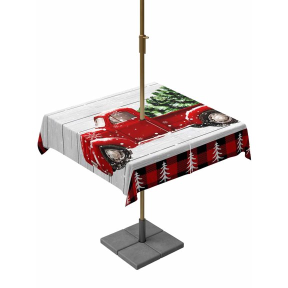 Outdoor Tablecloth with Umbrella Hole and Zipper, Red Truck Christmas Square Table Cloth 54x54 Inch Waterproof Tablecloth, Red Black Plaid Xmas Tree Retro Picnic Table Cover for Patio Camping