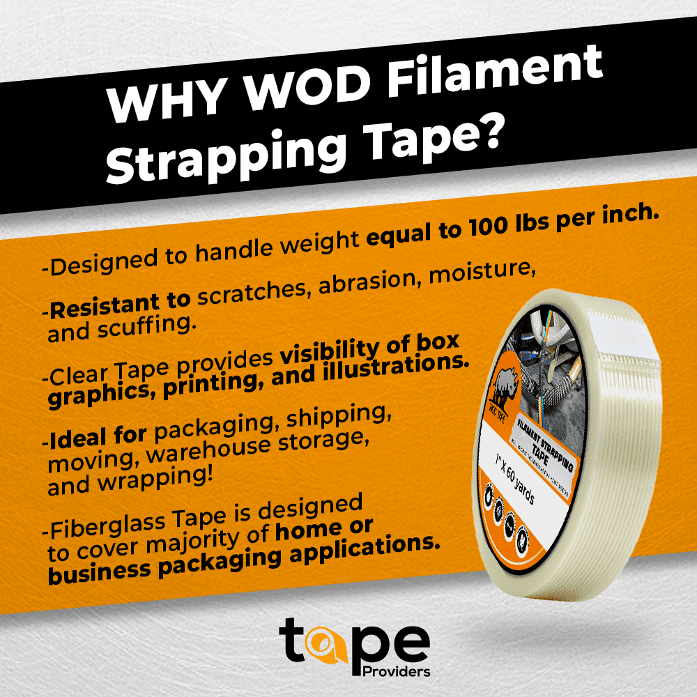 WOD FIL-795 Commodity Grade Fiberglass Reinforced Filament Strapping Tape - Filaments Run Lengthwise - 2 in. wide x 60 yds. (4 Mil) (Pack of 12)