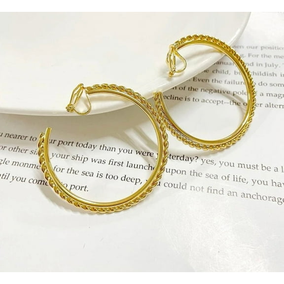 Clip on 2" large gold rope edge open back hoop earrings