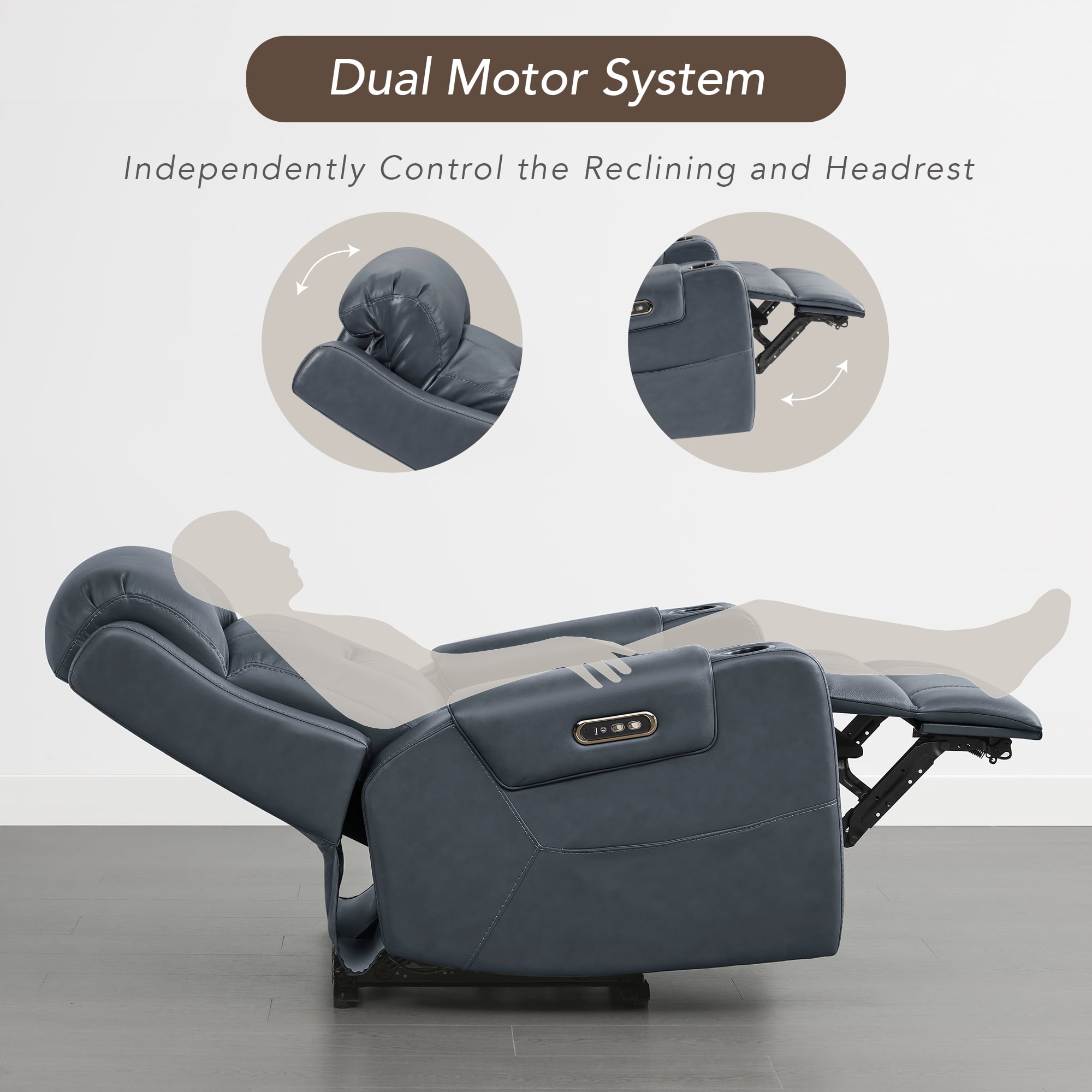 Spruce & Spring Lay-Flat Genuine Leather Power Recliner Chair with Headrest, Navy