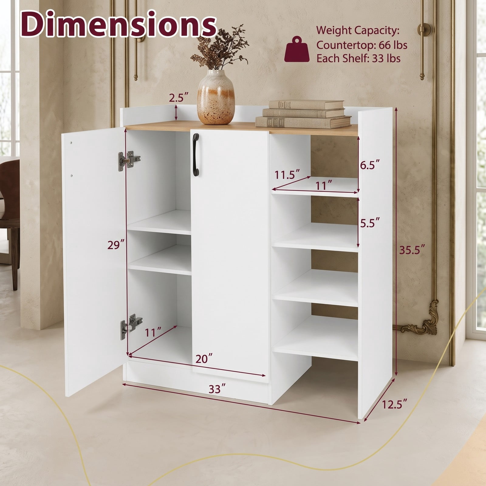 Furnibear 2-Door Shoe Cabinet with 2 Adjustable Inner Shelves and Open Side Shelves for Entryway Closet and Living Room, White