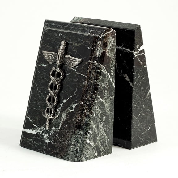 Bey-Berk Marble Fancy Beveled Medical Caduceus Book Ends 7.25"H Antique Silver/Black (R19M)