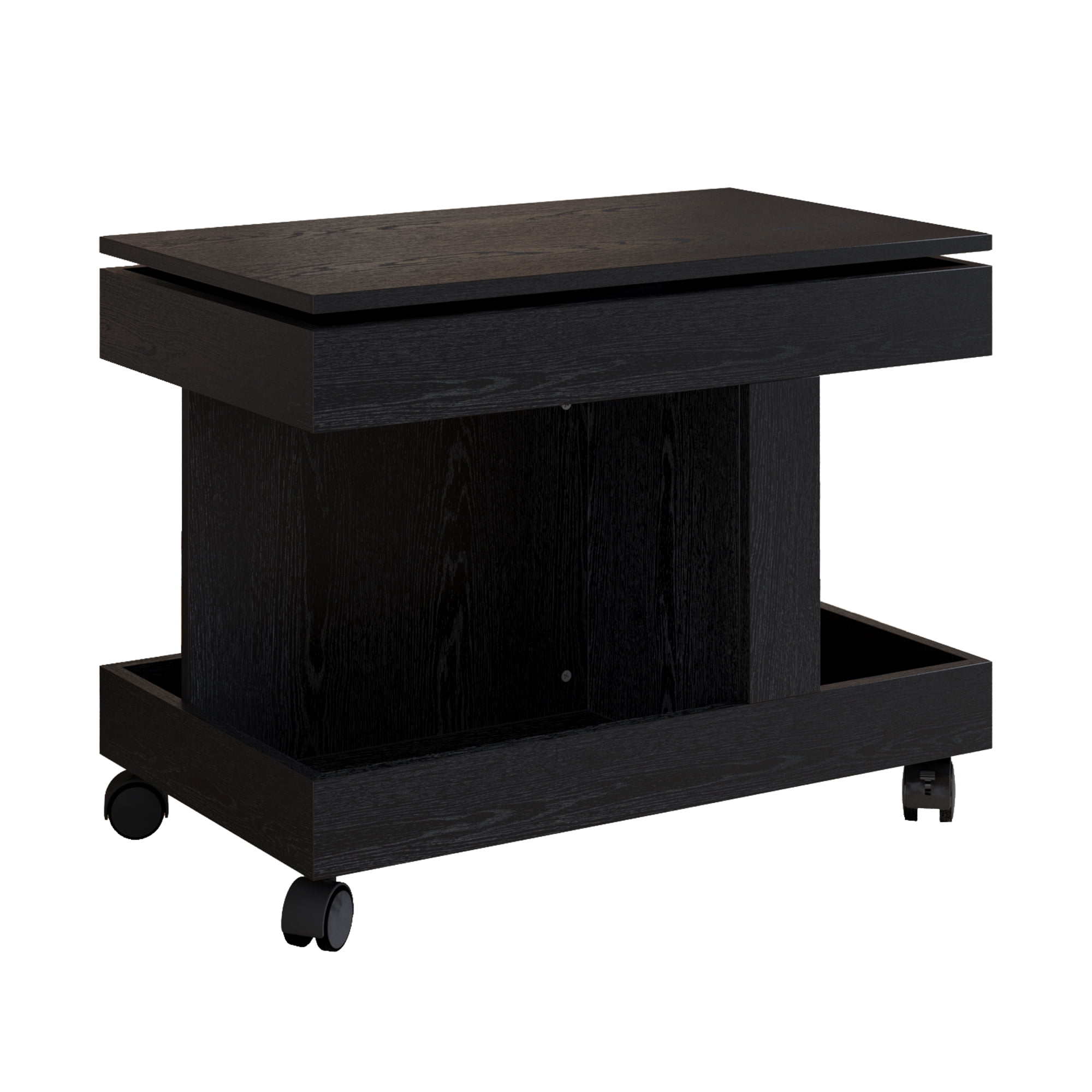 Small Coffee Table with Wheels and 360° Rotating Desktop, Rolling Side Table and Mobile End Table with Storage for Living Room Bedroom, Black