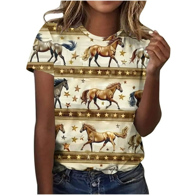 Tops de Ajuste Suelto para las Mujeres Sudadera Casual Impresa Manga Corta Cuello Redondo Superior, Poliéster