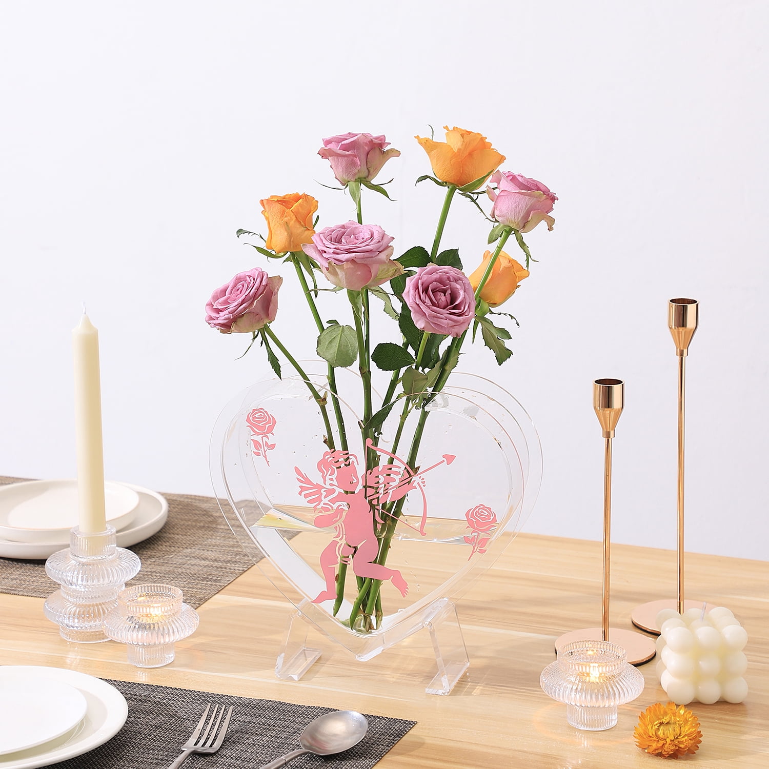Herzförmige Acryl-Blumenvase – Transparent, 19 Löcher, 21,6x19,5x13 Cm, Für Tischdekoration