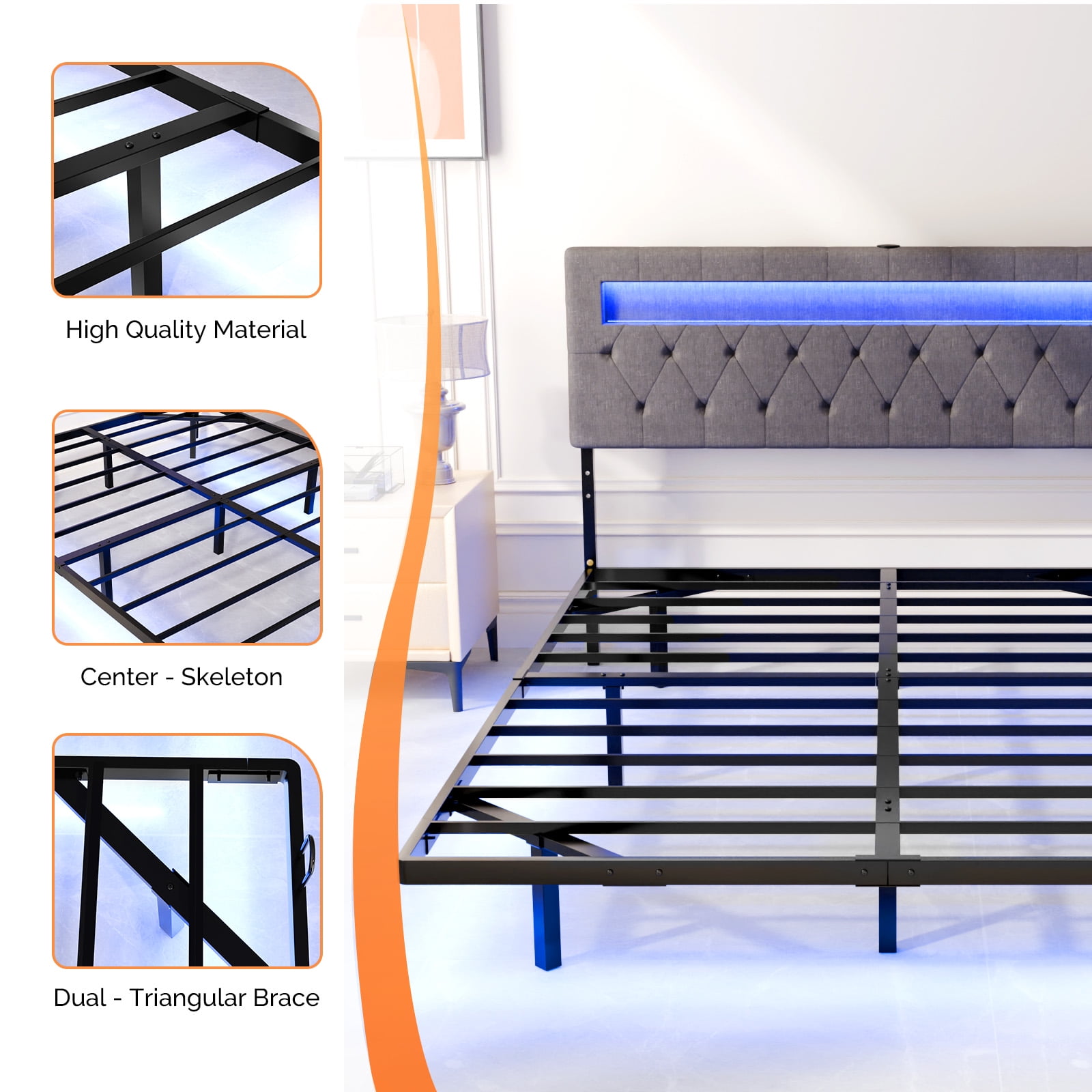 Zimtown Floating Bed Frame Queen Size Metal Platform Bed for Bedroom, No Box Spring Needed, Gray