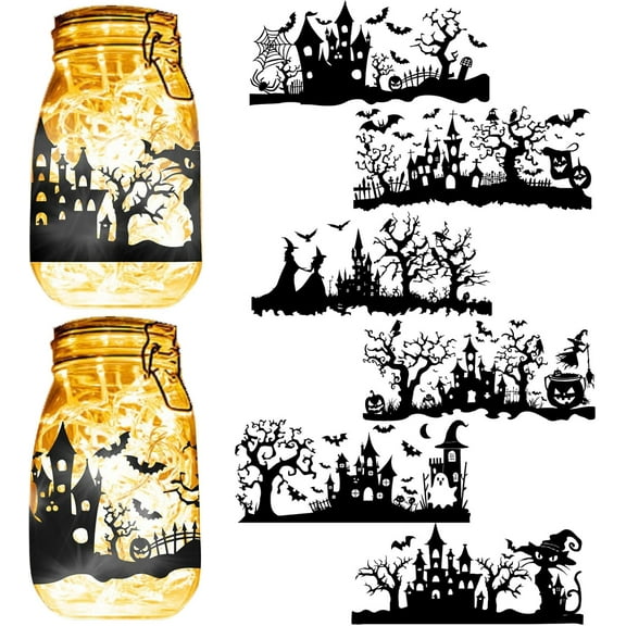 6Pcs Halloween Silhouettes Mason Jar Decor Laser Cut Cardboard Scrapbook Cutouts Die Cuts Embellishments PVC Lamp Film for Crafting Lantern Jars Wall Painting Glass-No Sticker 8x3.5Inch