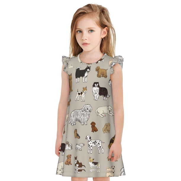 Fotbe Dog Animal Vestido de Dormir para Niñas de 3 a 10 Años, Mangas Cortas, Estilo Princesa, Pijama Camisón con Mangas Voladas-Large