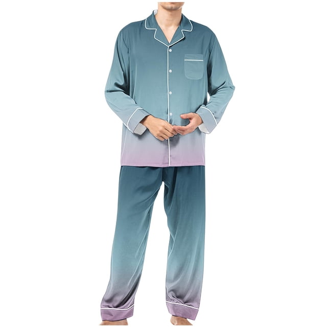 cllios Mens Long Sleeve Pajamas Sets Gradient Print Loungewear Ultra Soft Button Down Sleepwear 2 Pcs Pj Set with Pockets