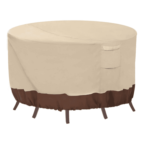 Beige & Brown Round Patio Table Cover, Silver Coated Waterproof Outdoor Furniture Cover