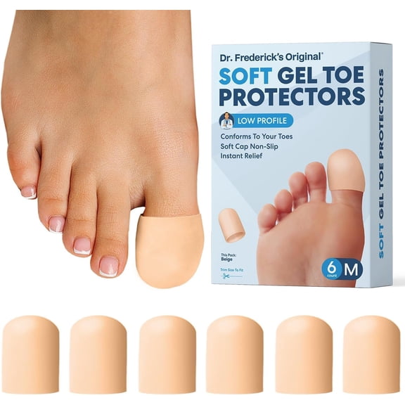 Dr. Frederick's Original Soft Gel Toe Protectors for Men & Women - 6 ct - Toe Caps for Foot Pain Relief - Sleeves for Ingrown Toenails, Corns, Calluses, and Blisters - Medium - Beige