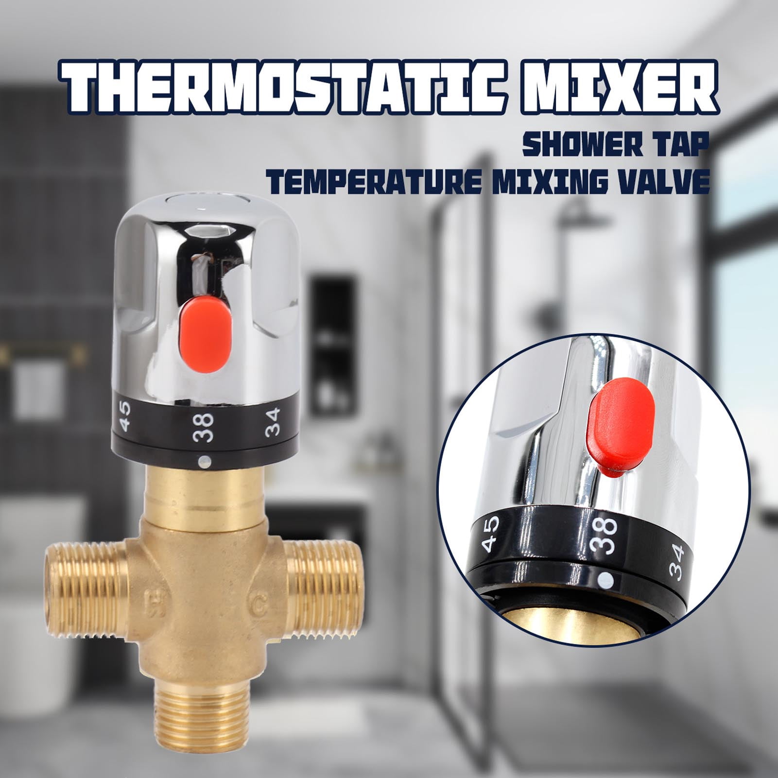 Thermostatic Shower Mixing Valve – Brass & Stainless Steel Wall Mount With 38°C Safety Stop, G 3/4" Inlet, G 1/2" Outlet For Bathroom Water Temperature Control