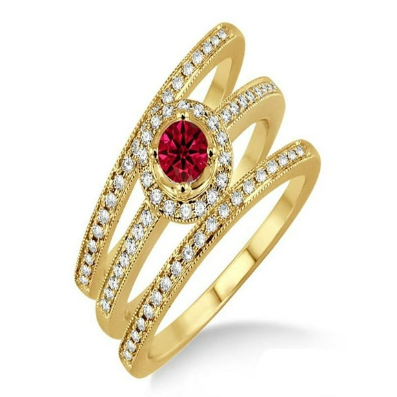 2 Carat Ruby & Diamond Trio set Halo Ring on 10k Yellow Gold