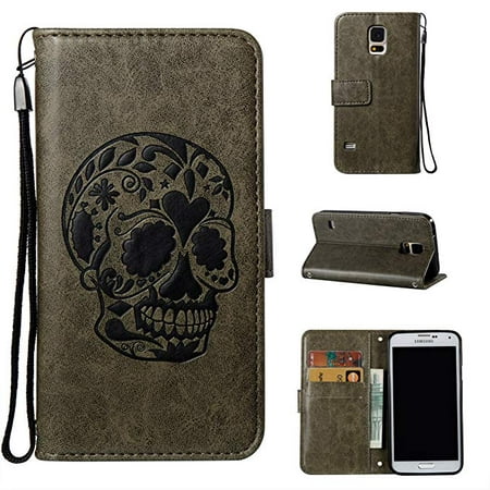 Galaxy S5 Case, Samsung Galaxy S5 Phone Case, Allytech [Embossed Skull Series] [Kickstand] Premium PU Leather Wallet Flip Protective Case Cover with Wrist Strap for Samsung Galaxy S5 Phone,