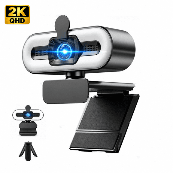 2K Webcam with Ring Light, Auto Focus Computer Camera, Privacy Cover & Dual Stereo Microphone, USB Connection for PC & Mac, for Zoom Teams Twitch Streaming, Black