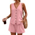 thumbnail image 2 of 2 Piece Outfits for Women Summer Bussiness Linen Sets Sleeveless V Neck Vest Button Waistcoat and Pockets Shorts, 2 of 7