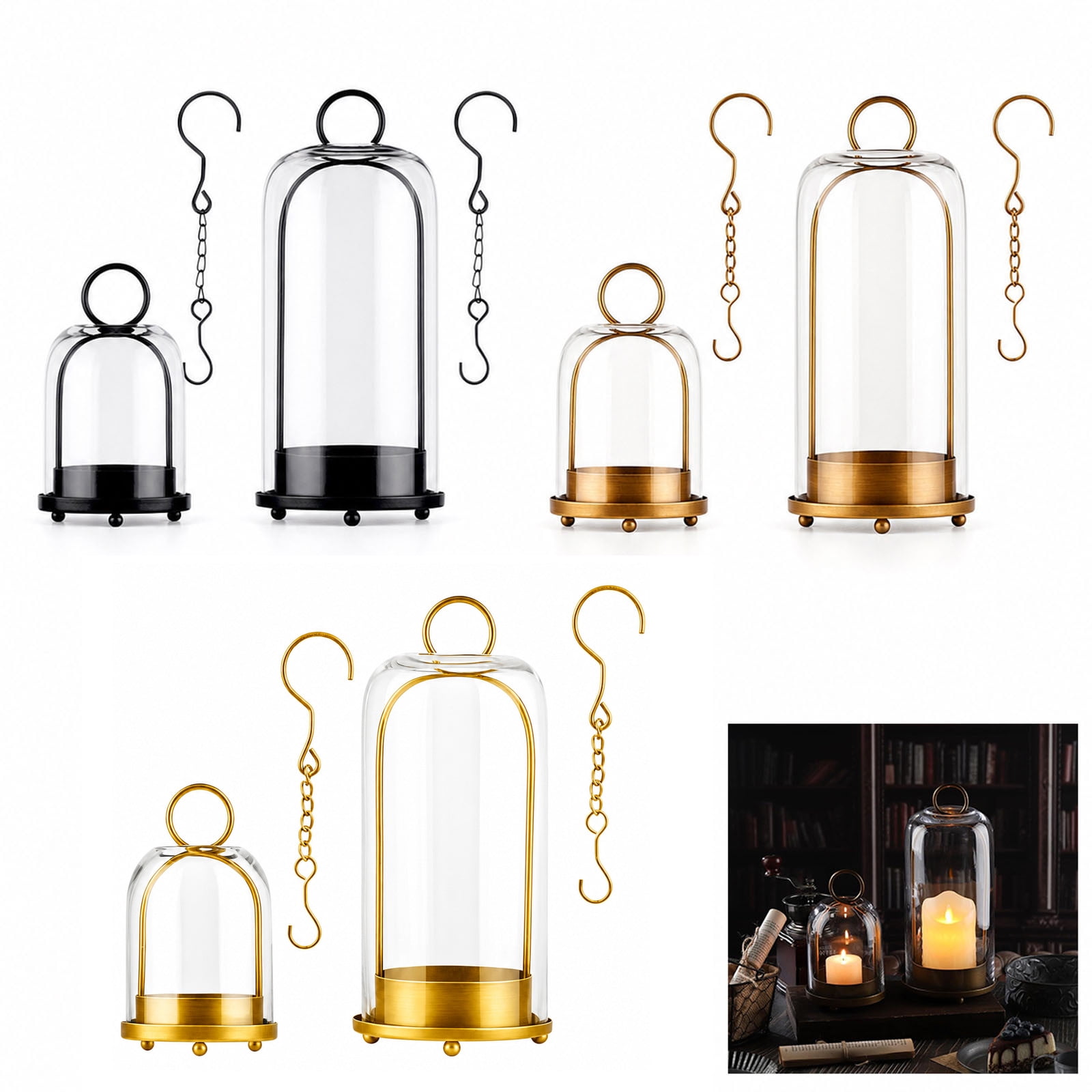 YAMB 2Pcs Vintage Glass Cloche Candle Holders Metal Frame Windproof Glass Dome Candlestick with Hanging Hooks Reusable Tabletop Ornament for Wedding Christmas Birthday Home Layout