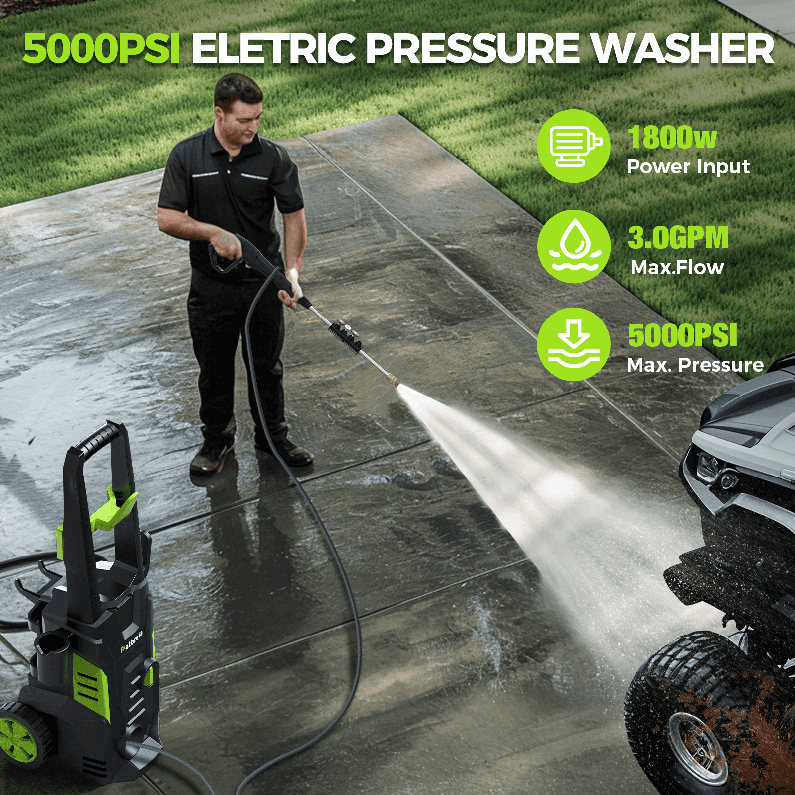 1800W Electric Pressure Washer, 5000PSI Max 3.0 GPM with 4 Nozzles, Portable High Pressure Cleaning Machine Washer with 25FT Cord, 23FT Hose, for Cars, Driveways, Fences, Patios - Green