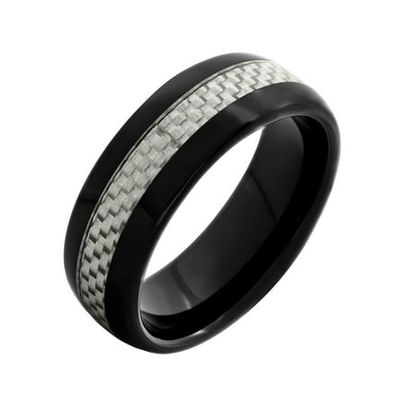 Men's Black and White Ceramic w/ Carbon Fiber 8MM Wedding Band - Mens Ring