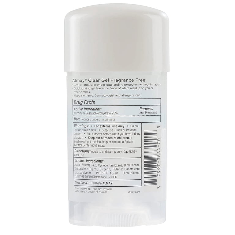 Almay, Sensitive Skin Deodorant Gel, 2.25 oz, Fragrance Free, 2