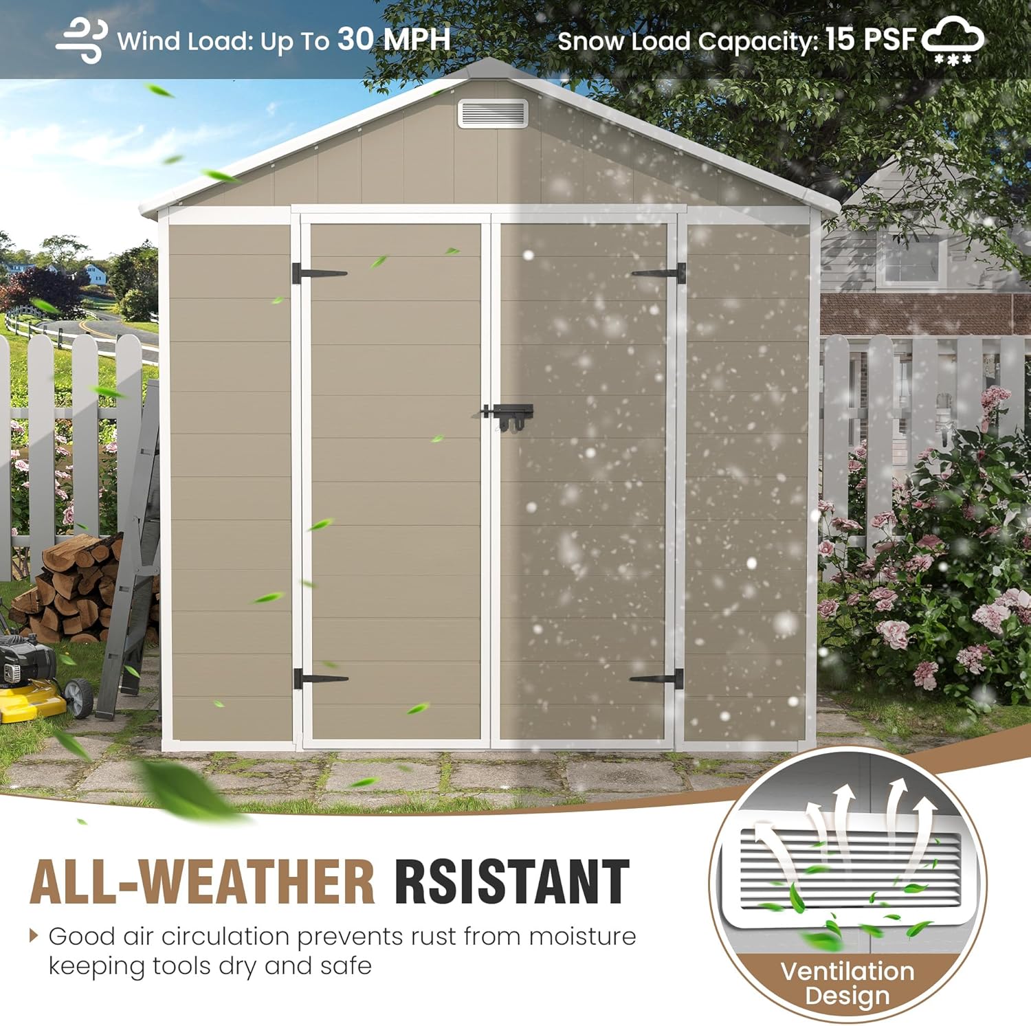 ELPOSUN Storage Shed 8 x 10 FT, Resin Outdoor Garden Sheds with Floor Plastic Patio Outdoor Storage with Lockable Door for Tool, Bike,Light Brown