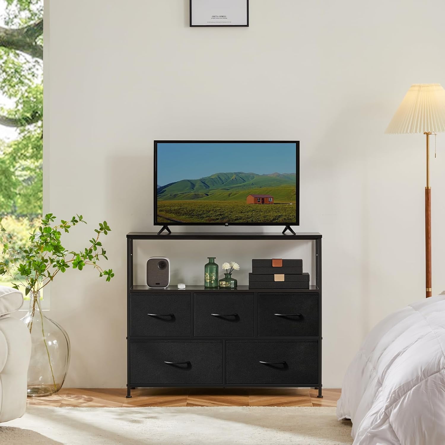 Bigleap TV Stand for Bedroom, TV Dresser for 45 inches, Media Console Table, Entertainment Center with 5 Fabric Drawers Cabinet and Open Storage Shelf Furniture Cabinet for Living Room, Black