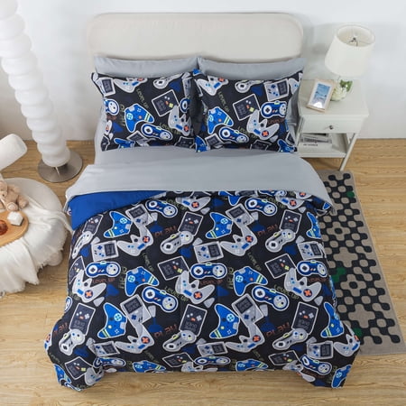 YOUR ZONE GLOW IN THE DARK 7-PIECE GAMER BEDDING SET FOR KIDS WITH FABRIC STORAGE BAG, FULL