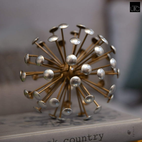 Urban Trends Collection Metal Round Sea Urchin Ball with Grey Edges Scuplture Tarnished Finish Gold