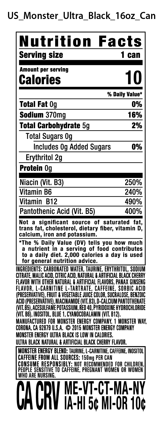 Monster Energy Ultra Black 15 Pack - 16 Fl Oz